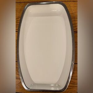 Vintage Catherine Holm white enamelware platter, stainless steel base, 13.3 X 9